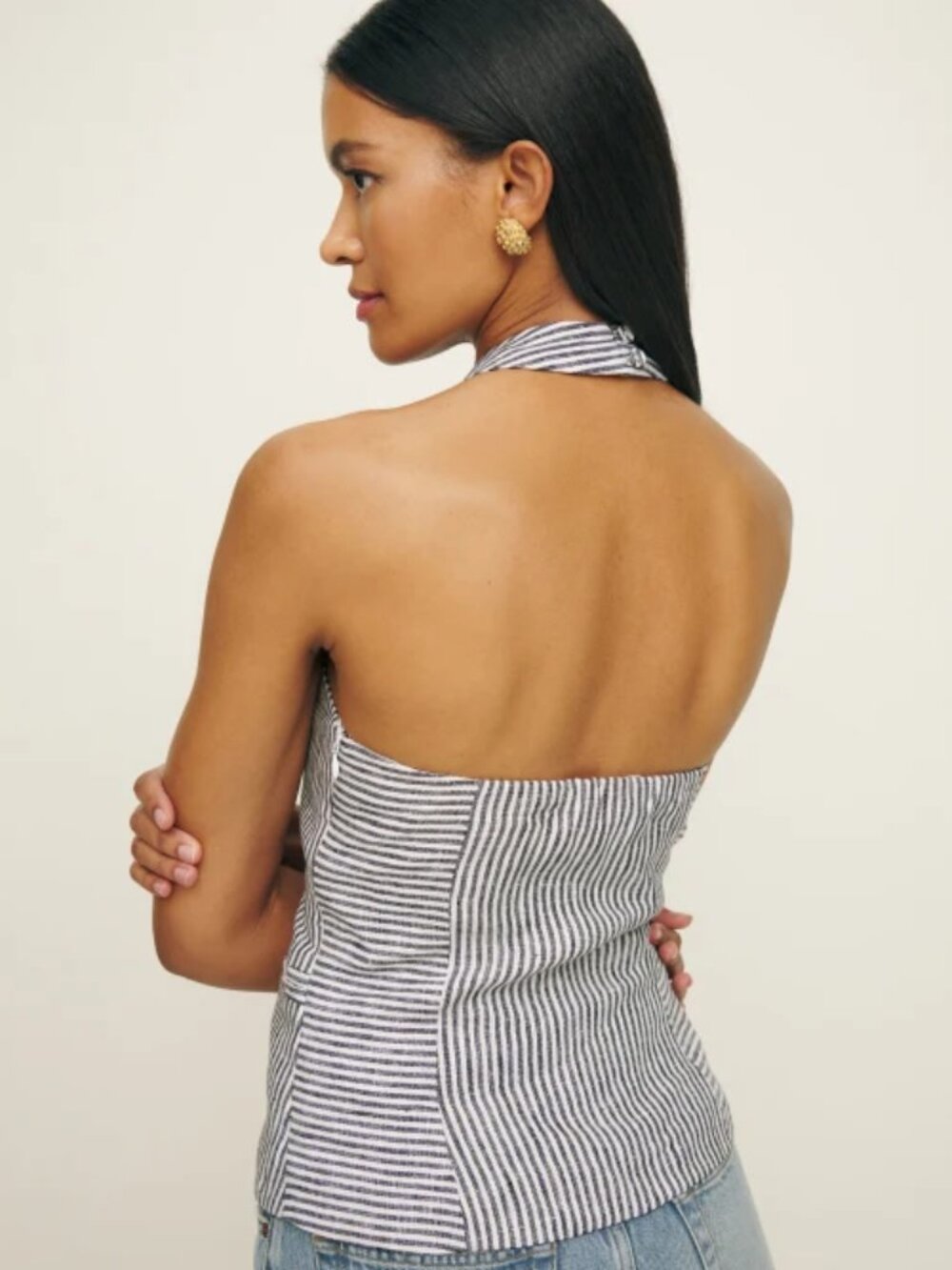 NWOT Reformation Tate Linen Top in Vineyard Navy Stripe Sleeveless Halter Size 4 - Picture 3 of 4